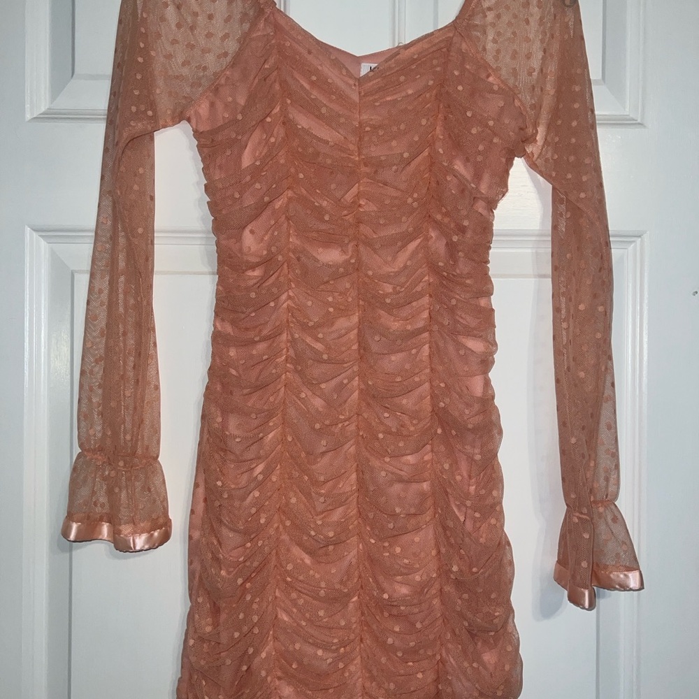 Light Coral Pink Ruched Bodycon Dress with Bell Sleeves